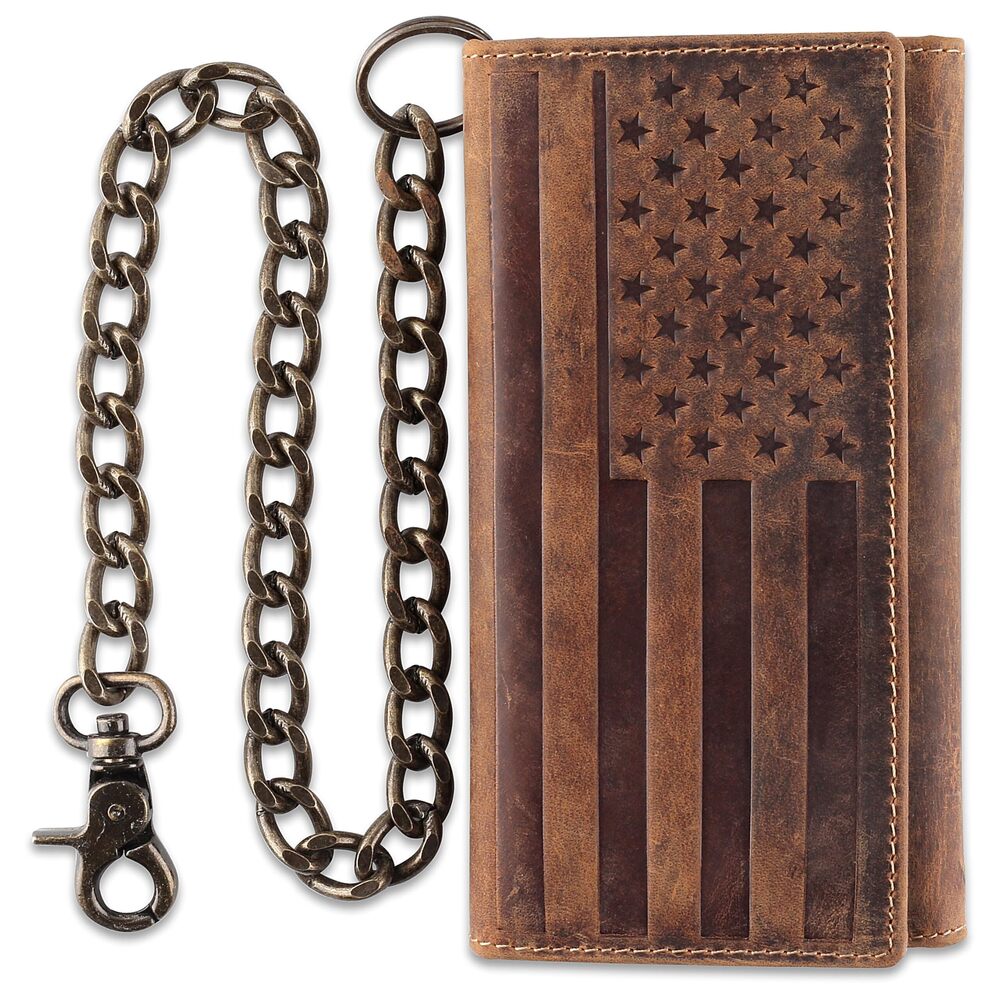 9654 RFID Blocking Tri-fold Long Style Cowhide Leather Steel Chain